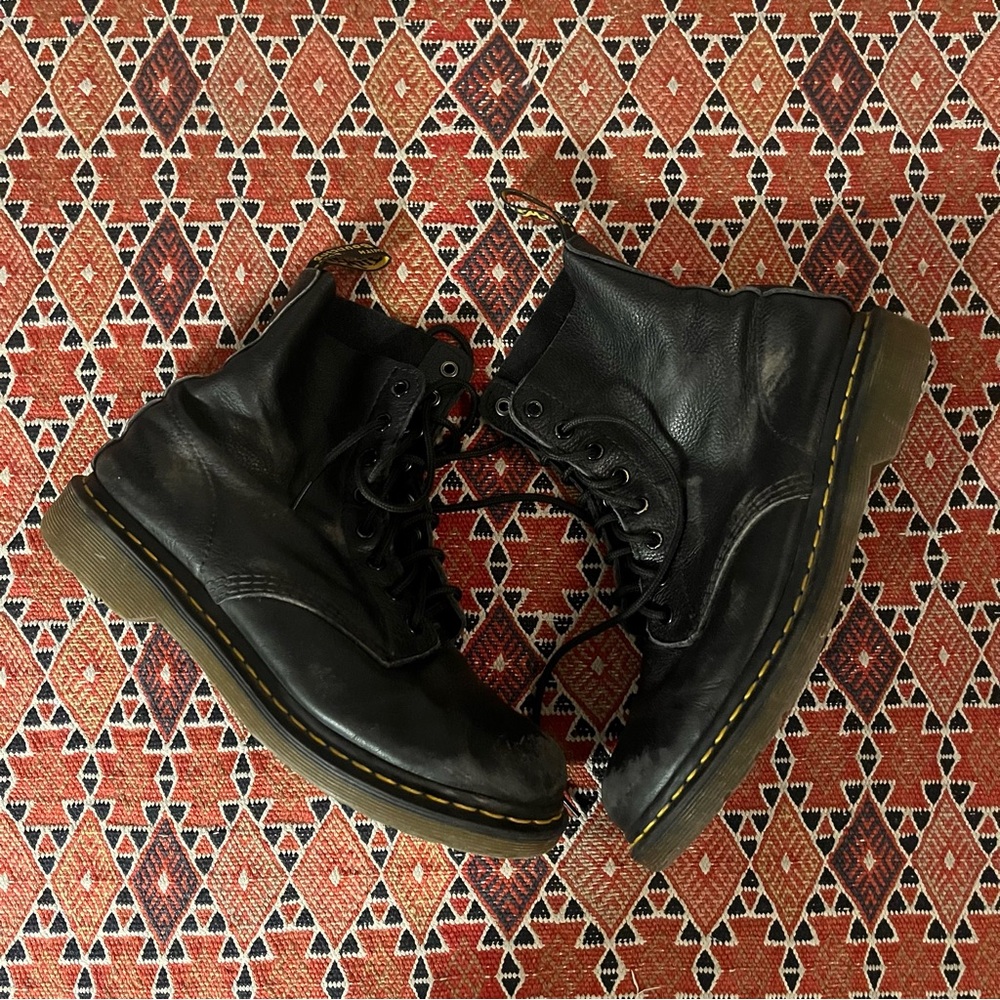 Dr. Martens Black Leather Combat Boots with Yellow Stitching